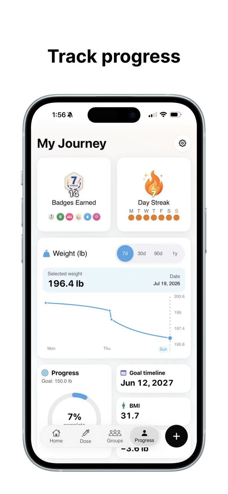 My Journey screen with badges, a day streak, a weight trend chart, and a goal timeline.