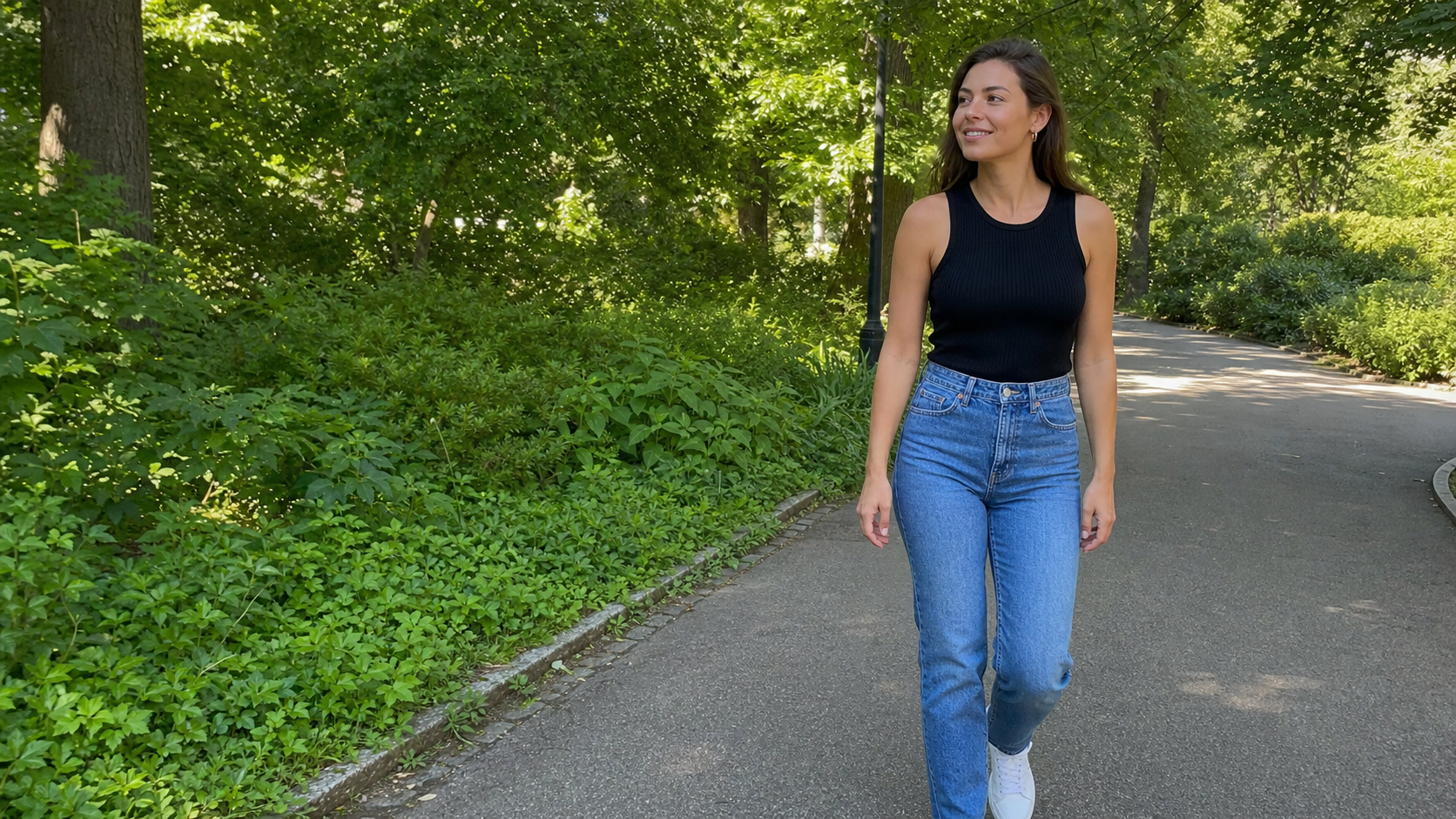 A woman walking along a leafy park path in the morning.